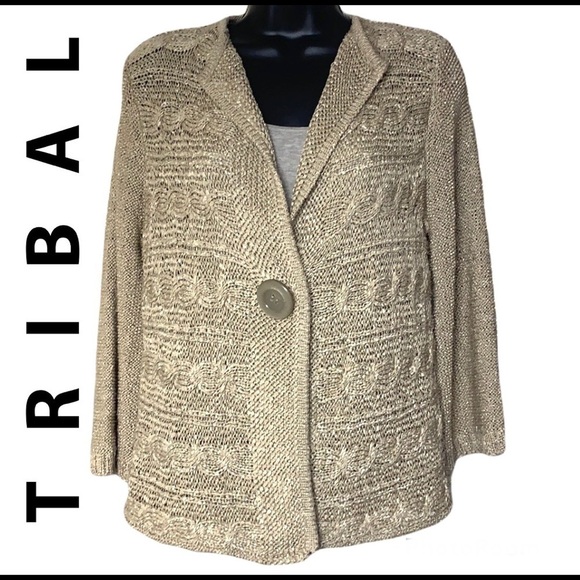 Tribal Neutral Toned Crochet Sweater Cardigan Size P/S - Picture 1 of 12